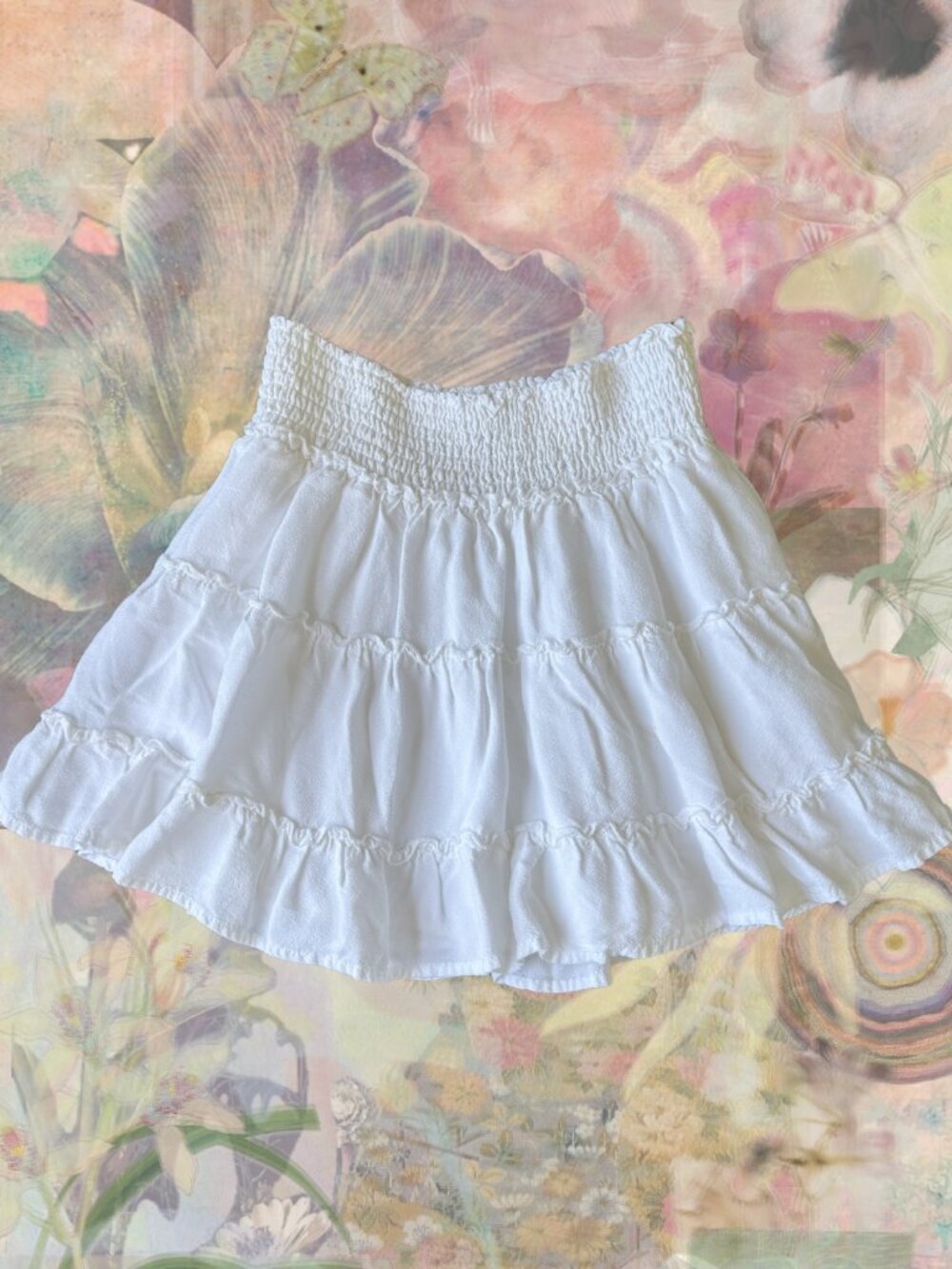 Garage White Tiered Ruffle Mini Skirt Smocked Waist Coquette XS/S